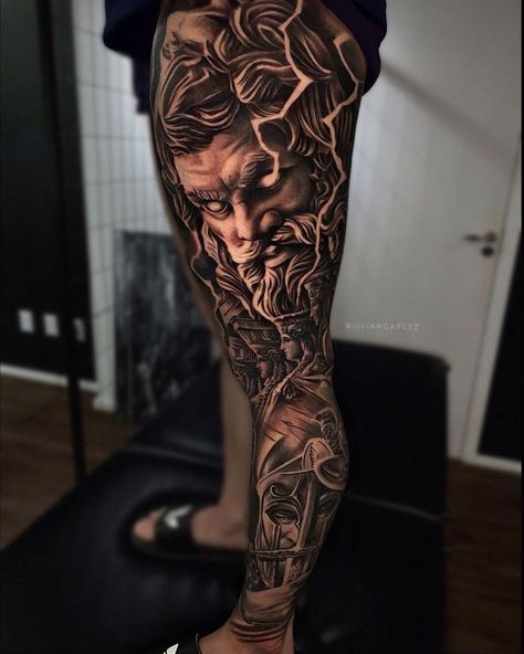 Zues Tattoo Full Back, Greek Sleeve Tattoos For Guys, Zeus Leg Sleeve Tattoo, Zeus Leg Tattoo, Greek Mythology Leg Sleeve, Greek Mythology Tattoos Sleeve Ideas, Greek Mythology Tattoos Sleeve, Pirate Tattoo Sleeve, Tattoos Leg