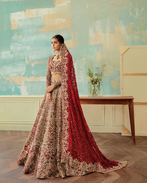 Farah and Fatima on Instagram: “A masterpiece often needs no description. Our signature bridal is a perfect example of highly intricate and exclusively detailed ensembles.…” Fancy Lehengas, Maxi Pakistani, Lehenga Tops, Yellow Lehenga Choli, Evergreen Color, Baju Kahwin, Lehenga Design, Red Bridal Dress, Yellow Lehenga