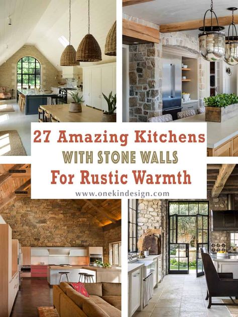 27 Amazing Kitchens With Stone Walls For Rustic Warmth Stone On Kitchen Wall, Stone In Kitchen Design, Stone Around Windows Kitchen, Stone Wall In Kitchen Interior Design, Limestone House Interior, Farmhouse Kitchen Stone Backsplash, Exposed Stone Wall Kitchen, Distressed Subway Tile Backsplash, Kitchen With Rock Backsplash Stone Walls