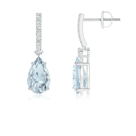 Resembling sparkling drops in the ocean are the pear-shaped aquamarines that dazzle in a four-prong setting and connect to brilliant round station diamonds. There are shimmering accent diamonds on the stems that lend a hint of exquisiteness to these alluring aquamarine drop earrings in 14K white gold. Tanzanite Drop Earrings, London Blue Topaz Earrings, Round Sapphire, Aquamarine Earrings, Blue Topaz Earrings, Blue Gems, Swiss Blue Topaz, Diamond Drops, Diamond Drop Earrings