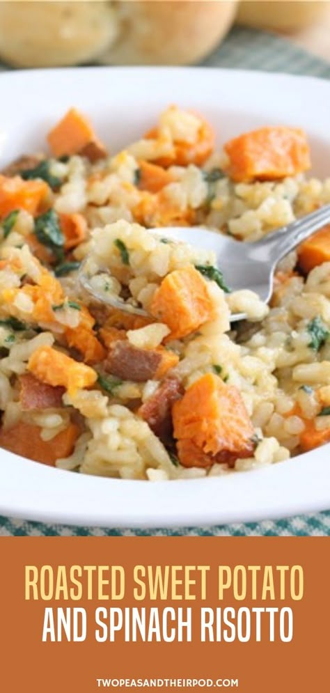 Sweet Potato Risotto Recipes, Chicken Spinach Sweet Potato Recipes, Spinach And Sweet Potato Recipes, Sweet Patotoes Recipes Healthy, Sweet Potato And Spinach Recipes, Risotto Recipes Healthy, Winter Risotto, Potato Risotto, Sweet Potato Risotto