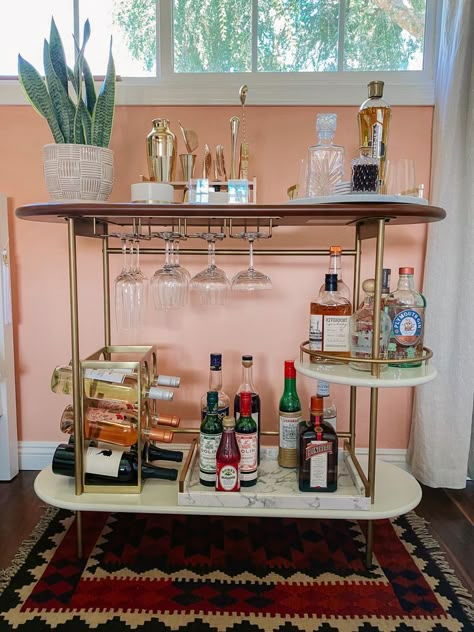 Fully Stocked Bar Cart, Bar Cart Wine Rack, Colorful Bar Cart Decor, Bar Cart Table Ideas, Bar Cart Staples, Margarita Bar Cart Ideas, Stocked Bar Cart, Bart Cart Set Up, Bar Console Styling