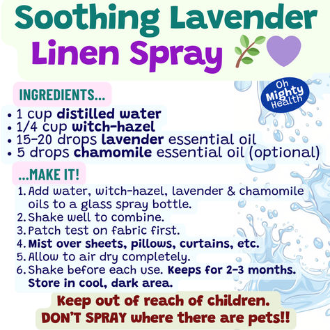 Graphic card DIY cleaning product natural spray, llinen, soothing lavender linen spray recipe step by step. Diy Antibacterial Fabric Spray, Laundry Spray Diy, Diy Essential Oil Fabric Spray, Linen Spray Recipe, Diy Linen Spray, Scent Profiles, Lavender Linen Spray, Bath Diy, Lavender Linen