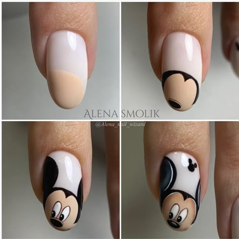 Easy Cartoon Nail Art, Cartoon Nails Art, Mickey Mouse Nails Design, Character Nail Art Step By Step, Cartoon Art Nails, Cute Cartoon Nails, Cartoon Nail Art Designs, Nail Designs Cartoon, Beach Nails Art