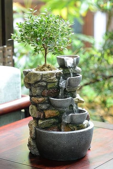 Haobos Indoor Fountain 4-Bowl Rockery Soothing Sound Tabletop Fountains Home/Office Decor with a Small Plastic Pot to Grow The Plant by Yourself(Automatic Watering)(22023) (paid link) Small Indoor Water Fountains, Desk Fountain, Self Watering Plants, Tabletop Water Fountain, Indoor Water Fountains, Indoor Waterfall, Tabletop Fountain, Waterfall Fountain, Indoor Fountain