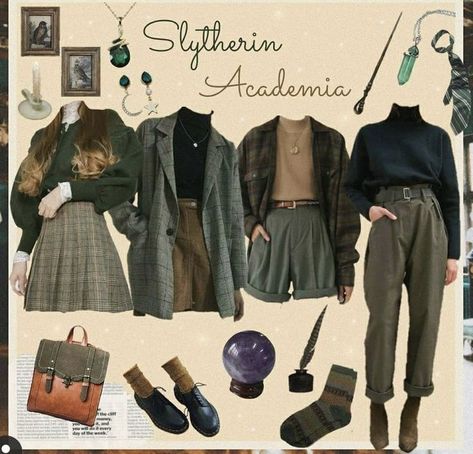 Dark Academia Harry Potter Outfits, Hogwarts Dress Inspired Outfits, Slytherin Dark Academia Outfits, Dark Academia Slytherin Outfit, Villan Era Hair, Hogwarts Academia Outfit, Hogwarts Style Inspired Outfits, Dark Green Academia Outfit, Green Academia Clothes