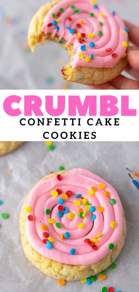 Crumbl Confetti Cake Cookies- Funfetti cookies - Lifestyle of a Foodie Crumble Cookie Copycat Recipe Funfetti, Cake Batter Crumble Cookie, Nilla Bean Cupcake Crumbl Cookie, Crumbl Birthday Cake Cookies, Four Ever Sweet Birthday Cookies, Birthday Cake Cookies Recipe, Funfetti Treats, Cute Cookie Ideas, Funfetti Brownies