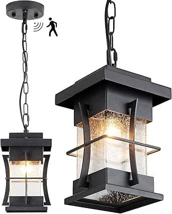 EERU Motion Outdoor Pendant Light Fixture with Dusk to Dawn Sensor Exterior Hanging Lantern with Adjustable Chain Black with Seeded Glass Outside Lights for House Patio Front Porch Lighting Outside Lights On House, Outside Lights, Outdoor Pendant Light, Front Porch Lighting, House Patio, Outdoor Pendant Lighting, Dusk To Dawn, Outdoor Pendant, Adjustable Lighting