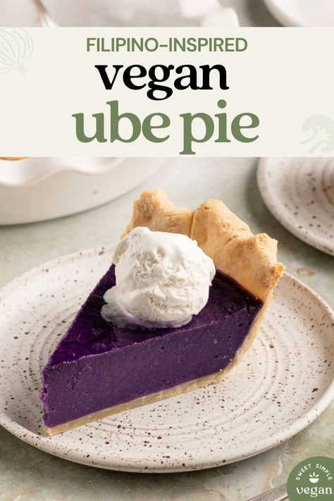 This creamy ube pie is the perfect Filipino-inspired dessert to impress your friends and family with. It's loaded with flavor, easy to make and can be made with either homemade or storebought crust. The best part is it's 100% vegan without sacrificing any flavor. #ube #pie #dessert #filipino #sweetsimplevegan #plantbased Ube Cream Pie, Ube Vegan Recipes, Vegan Filipino Dessert, Vegan Ube Cake, Vegan Ube Cookies, Vegan Ube Recipes, Vegan Pastries Recipes, Ube Pie Recipe, Ube Pie