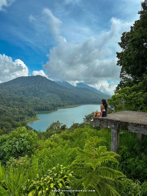 Me sitting on a platform looking at the twin lakes in Munduk Bali, one of my favorite day trips from Ubud Munduk Bali, Bali Travel Photography, Uluwatu Temple, Bali Travel Guide, Twin Lakes, Rice Fields, Travel Route, Whitewater Rafting, Slow Travel