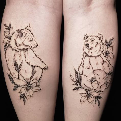 Bear Tattoos For Women Feminine, Bear Hip Tattoo, Bear Feminine Tattoo, Floral Bear Tattoo, Bear And Floral Tattoo, Feminine Bear Tattoo, Switzerland Tattoo, Bear Nature Tattoo, Polar Bear Tattoo