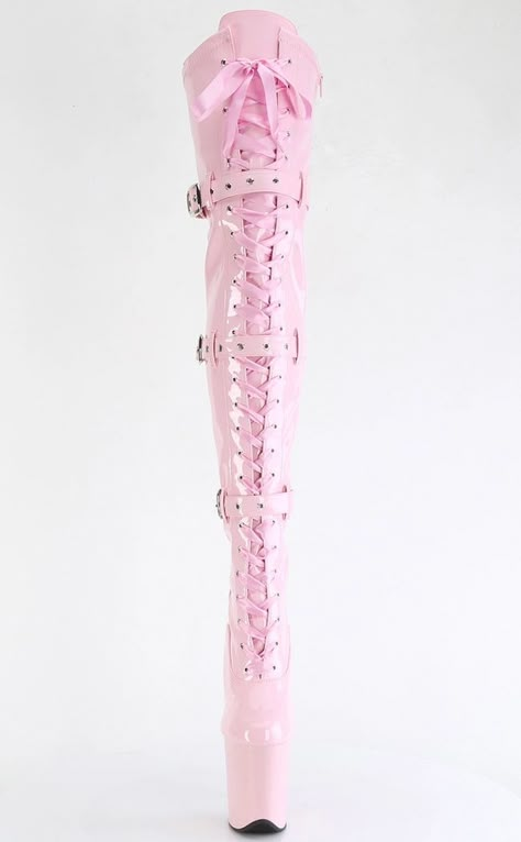 Looking for the ultimate statement piece? Look no further than the Flamingo-3028 from Pleaser. These baby pink thigh-high platform boots are sure to turn heads, and with their edgy design, they're perfect for any daring fashionista or pole dancer. The Flamingo-3028 features an inner side zip, ribbon lace-up, and triple buckle detailing, providing a secure and snug fit. These boots are made from high-quality PVC and are designed to last. Here are the specifications: Heel height: 8 inches (200mm) Platform height: 4 inches (100mm) Material: PVC Features: Inner side zip, ribbon lace-up, triple buckle. Edgy Clothing, Thigh High Platform Boots, Pleaser Heels, Cute High Heels, Pretty Shoes Sneakers, Fashion Fits, Thigh High Boots, Really Cute Outfits, Pretty Shoes