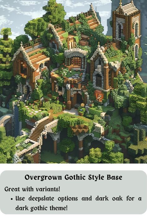 Minecraft Builds Inspiration, Minecraft Building Ideas Overgrown, Minecraft Hill Side House, Gothic Buildings Minecraft, Minecraft Build House Ideas, Dark Oak Castle Minecraft, Minecraft Gothic Cottage, Minecraft Hobbit House Ideas, Gothic Style Minecraft Builds