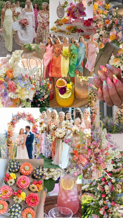 garden party coulor theme spring wedding Party Mood Board, Wedding Ideas 2024, Rainbow Wedding Theme, Spring Rainbow, Simple Beach Wedding, Garden Theme Wedding, Rainbow Wedding, Spring Party, Pastel Wedding