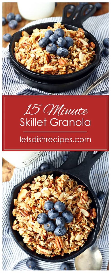 15 Minute Skillet Granola Recipe -- Delicious, crunchy granola made in just fifteen minutes on your stove top. No more baking and stirring for hours to make your own granola at home! #granola #cereal #breakfast #recipes