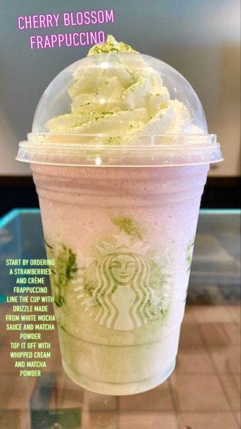 Starbucks Customized Drinks, Matcha Frappuccino Starbucks, Matcha Frappuccino Recipe, Cherry Blossom Frappuccino, Starbucks Copycat Recipes Drinks, Starbucks Drink Menu, Starbucks Secret Menu Recipes, Cold Starbucks Drinks, Starbucks Orders