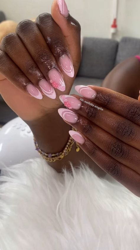 #almond #nails #trendingdesign #nailart #cutenails #pinkfrenchtip #happyclientshappyme #nailsbyme # babybommer #gelnails #nailsbyangiie Almond Girly Nails, Pink Almond Nails Design Nailart, Pink French Tips Almond, Trendy Almond Nails, Nail Almond Shape, Pink Nails With Bow, Hello Kitty Almond Nails, Pink Nails Almond Shape, 2000s Room