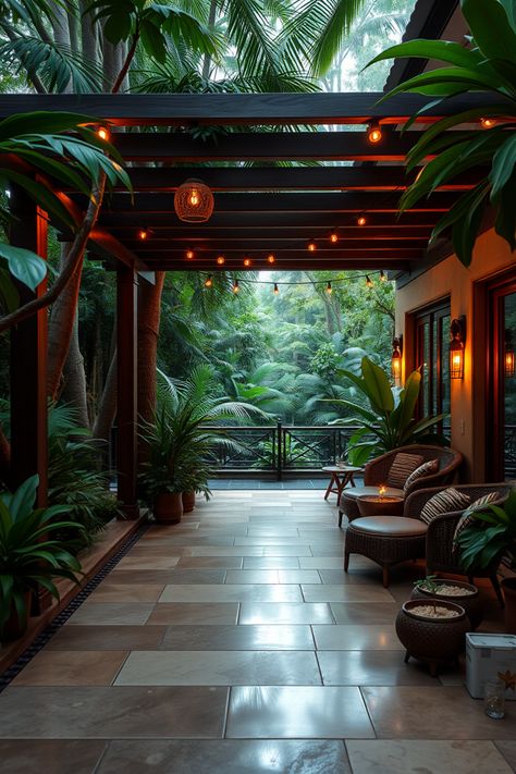 Transform your outdoor space into a dreamy rainforest patio with these 10 fun and refreshing ideas! Picture lush greenery, relaxing hammocks, and natural textures that create a serene atmosphere in your backyard. From picking the right plants to stylish patio furniture with tropical vibes, each tip will help turn your patio into a personal green heaven. Explore unique decor ideas like hanging ferns, art from nature, and inspirations that bring cozy comfort straight to your patio. Your ultimate oasis is just clicks away! Backyard Interior, Art From Nature, Stylish Patio Furniture, Unique Decor Ideas, Patio Gardens, Hanging Ferns, Rainforest Theme, Botanical Display, Solar Powered Lanterns