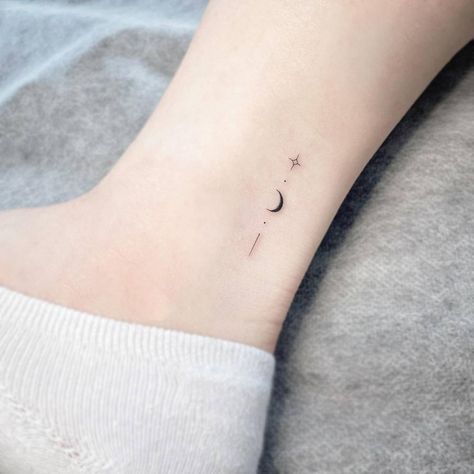 Dainty Crescent Moon Tattoo, Moon Ankle Tattoo, Waning Crescent Moon Tattoo, Moon And Star Tattoo, Astronomy Stars, Moon Tattoos, Crescent Moon Tattoo, Star Tattoo, Ankle Tattoo