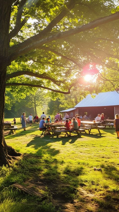 Sunlit Outdoor Gathering: Families and friends enjoy a sunlit gathering in a park setting with abundant greenery and warmth. #sunlight #trees #park #gathering #families #friends #picnics #tables #aiart #aiphoto #stockcake https://ayr.app/l/qGbV Big Family Gathering, Event Mood Board, Outdoor Hangout, Smiling People, Morning Jog, Outdoor Gathering, Sun Garden, Outdoor Eating, Family Picnic