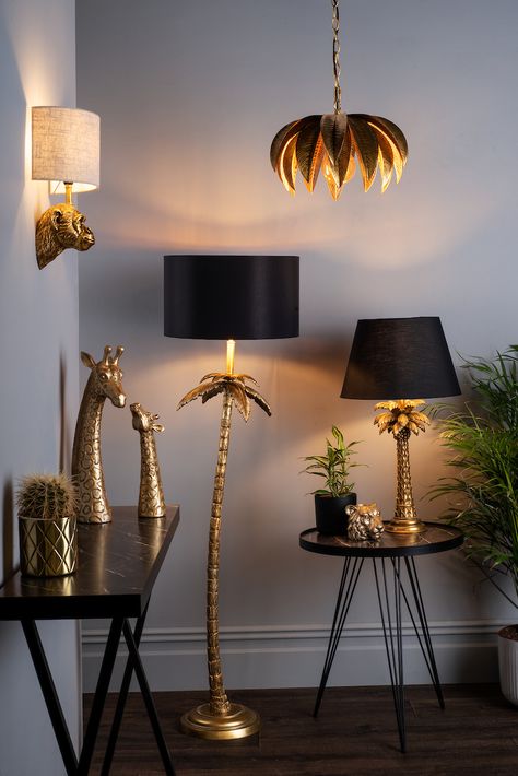 Lighting up with Surreaslism - The Lighting Company Jungle Themed Bedroom, Monkey Wall, Palm Tree Pendant, Gold Floor Lamp, Lounge Lighting, Dar Lighting, Jungle Print, Tropical Theme, Linen Shades