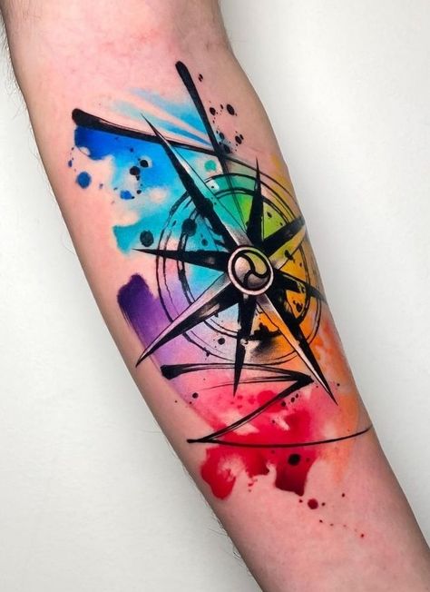 Watercolor Tattoo Compass Ideas, Colour Tatoos Men, Colour Tattoo Men, Tattoo Design Geometric, Date Tattoo Ideas, Watercolor Compass Tattoo, Watercolour Tattoo Men, Camera Tattoo Design, Compass Tattoo Men