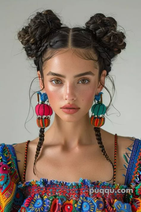 Jungle Theme Hairstyle, Chilean Hairstyles, Lots Of Braids Hairstyles, Bangs And Braids Hairstyles, Mexican Braid Hairstyles, Main Character Hairstyle, Curly Hair Festival Styles, Mexican Hairstyles For Women, Braids Portrait