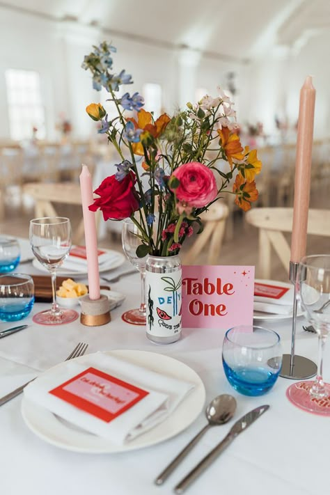 A tablescape featuring spring blooms in beer cans, colorful taper candles in DIY gold holders. l Image by The Shannons Wildflower Wedding Decor, Taper Candles Wedding, Ultimate Wedding Planning Checklist, Creative Seating, Wedding Table Ideas, Eclectic Wedding, Diy Gold, Best Wedding Favors, Bridal Studio