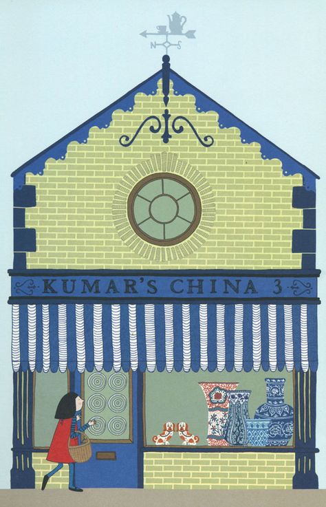 The High Street, by Alice Melvin - China shop Alice Melvin, Book Store Front Illustration, Japanese Storefront Illustration, Vintage Storefront Illustration, Town Illustration Buildings, Cat City Illustration, Cubicle Design, Shop Pictures, Painted Houses