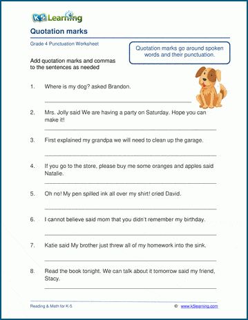 Quotation marks worksheets. In these worksheets students punctuate speech, adding quotation marks and other punctuation as needed. Free punctuation worksheets from K5 Learning. Quotation Marks Worksheet, 2nd Grade Grammar, Punctuation Worksheets, Speech Therapy Tools, Speech Marks, Early Science, Cursive Writing Worksheets, Comprehension Exercises, Grade Spelling