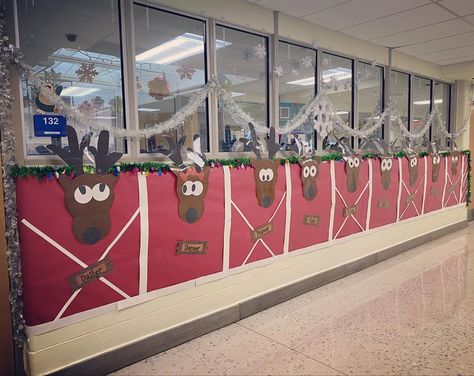 School hallway reindeer Christmas decor Reindeer School Hallway, Reindeer Christmas Decor, Christmas Cubicle, Cubicle Decorations, Cubicle Ideas, Christmas Cubicle Decorations, Christmas Desk, Hall Decorations, Painted Windows