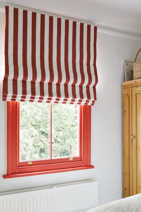 Wide Striped Curtains + Blinds | Inspired by Amalfi Utility Makeover, Painted Blinds, Colourful Curtains, Roman Blinds Bedroom, Roman Blinds Living Room, Wisteria Cottage, Traditional Roman Blinds, Coral Curtains, Curtains Or Blinds