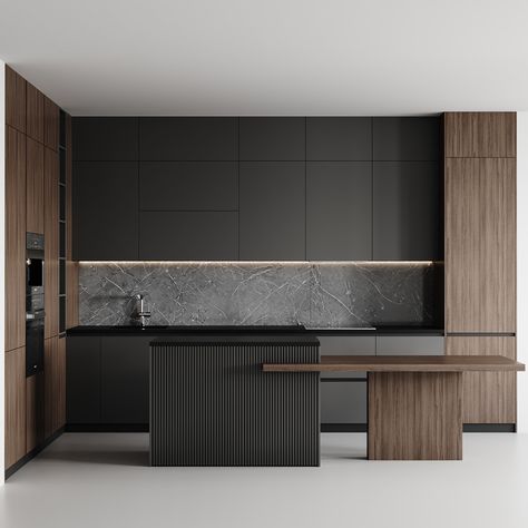 modern kitchen-018 :: Behance Dark Modern Kitchen, Luxury Black Kitchen, Contemporary Black Kitchen, Main Kitchen, Modern Wooden House, Contemporary Kitchen Cabinets, Tiny House Inspiration, New Kitchen Designs, Sleek Kitchen