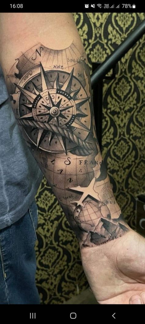 Compass With Map Tattoo Design, World Tattoo Men, World Map Tattoo Sleeve, Map Tattoo Sleeve, Compass Tattoo Sketch, Underarm Tattoo For Men, Map Tattoo Design, Compas Tattoo, World Map Tattoo