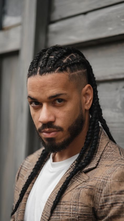 Here, long, thick braids cascade past the shoulders, giving a rugged, masculine vibe. Paired with a sharp undercut, this style creates a striking contrast between the long hair and shaved sides. It’s a bold statement for fashion-forward men and works well for round and heart-shaped faces. Thick Braids, Thick Braid, Long Box Braids, Man Bun, Shaved Sides, Heart Face Shape, Layer Style, Braids Hairstyles, Undercut