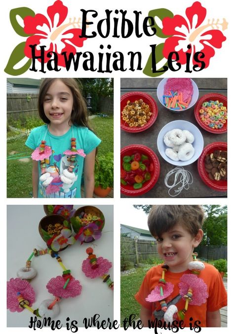 A fun craft and snack for summer | Polynesian Inspired Edible Hawaiian Leis | Home is Where the Mouse is Hawaiian Lei Craft, Lilo And Stitch Snacks, Luau Snacks For Kids, Lilo And Stitch Crafts For Kids, Hawaiian Activities For Kids, Lilo And Stitch Activities, Luau Crafts For Kids, Tropical Activities, Lilo And Stitch Crafts