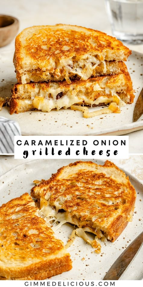 Take lunch to the next level with this Caramelized Onion Grilled Cheese! It has all the melty goodness of your favorite grilled cheese sandwich combined with the flavor of sweet-savory caramelized onions! It’s an easy meal packed with deliciousness that everyone in your family will love. Healthy Fall Sandwiches, Grilled Cheese Dinner Ideas, Stuffed Grilled Cheese, Best Hot Sandwich Recipes, Gluten Free Sandwich Ideas, Cheese Onion Sandwich, Grilled Cheese Meal, Fall Grilled Cheese, Caramelized Onion Recipes