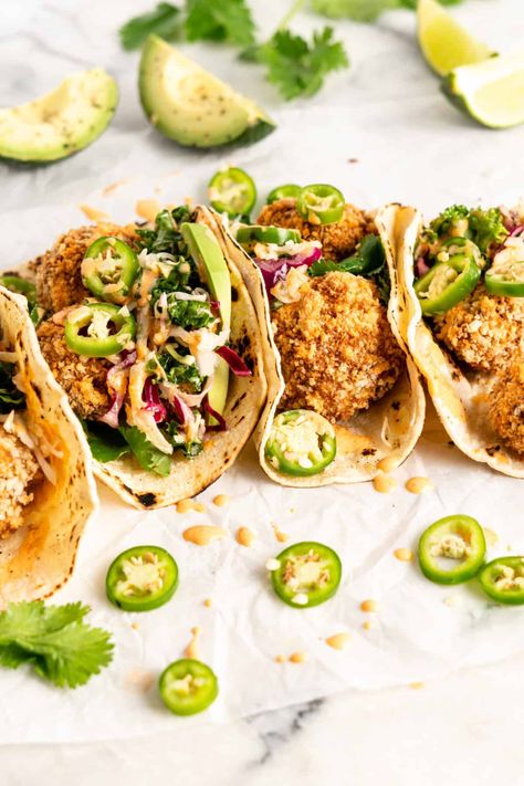 These vegan tacos are packed with different flavours and textures, from crispy baked cauliflower to crunchy, tangy slaw and smoky crema. So good! Crispy Cauliflower Tacos, Tangy Slaw, Tomato Galette, Healthy Taco Recipes, Healthy Taco, Crispy Cauliflower, Chipotle Crema, Crispy Tacos, Cauliflower Tacos