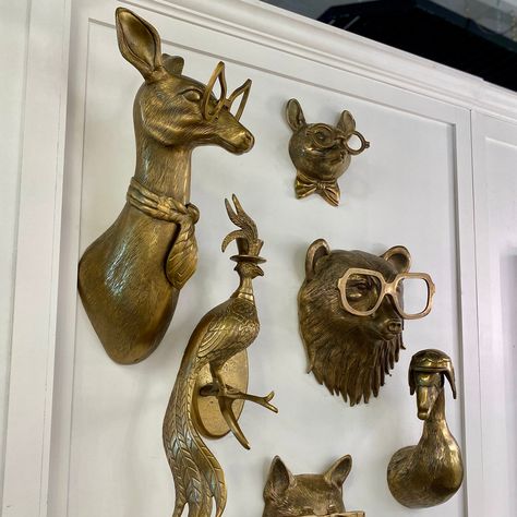 These whimsical metal animal head mounts are adorable by themselves or make a statement in a grouping. Hang over a fire place or in a children's room or playroom. Perfect for a man cave, library or game room. Louie the Mouse is sure to turn some heads. Louie is a bit of a neat freak and will freak out over the tiniest Gold Animal Head Wall Decor, Wall Mounted Animal Heads, Brass Animal Lamp, Brass Animal Head Wall, Brass Animal Decor, Man Cave Library, Animal Heads On Wall, Cave Library, Animal Head Decor