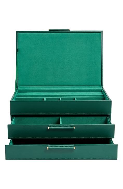 A classic jewelry box made from rich leather organizes your accessories and prevents them from tarnishing with LusterLoc™ anti-tarnish lining. 12" X 8" X 5 1/2" Includes twelve round charm storage spaces, two bracelet wells, one necklace/bracelet compartment, 10 open storage compartments, one drawer and four ring rolls Leather Imported Box With Drawers, Jewelery Organizer, Handmade Jewelry Box, Leather Organization, Leather Jewelry Box, Jewelry Roll, Sustainable Leather, Jewellery Box Making, Jewelry Safe