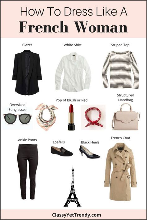 Find out what items you need in your closet to dress like a French Woman! French women have such great style!  Their outfits are always chic and beautiful.  If you search for “french outfit” or “french style” on Pinterest, you’ll see hundreds of outfit ideas.  Most of the women are wearing classic essentials that you… Dress Like A French Woman, French Capsule Wardrobe, French Wardrobe, Classy Yet Trendy, French Women Style, Parisienne Chic, Parisian Chic Style, French Outfit, Fashion Capsule Wardrobe