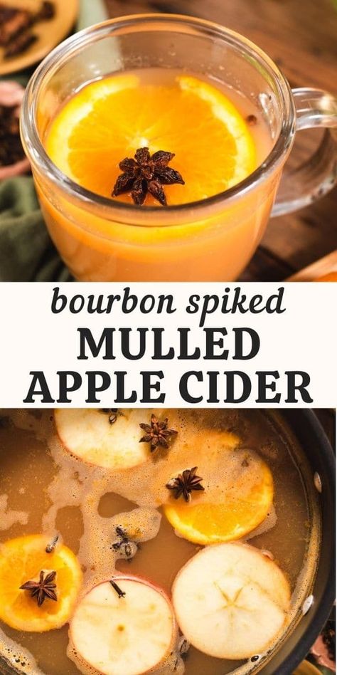 This hot apple cider is mulled with warming spices and spiked with bourbon for a cozy fall drink! It's ready in under 30 minutes and is perfect for fall gatherings. Hot Apple Cider Recipe, Apple Cider Bar, Spiked Cider, Spiked Apple Cider, Bourbon Cocktail Recipe, Mulled Apple Cider, Autumn Recipes Vegetarian, Cider Drinks, Cider Bar