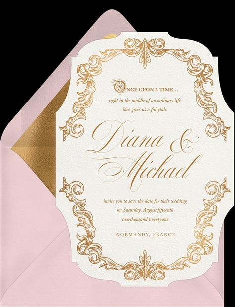 Once Upon A Time Save The Dates in Pink | Greenvelope.com Once Upon A Time Wedding, Fonts Elegant, Romantic Wedding Invitations, Timeless Wedding Invitations, The Palace Of Versailles, Wedding Invitations Romantic, Palace Of Versailles, Pastel Palette, Time Design