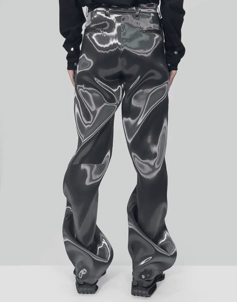 Liquid Metal Pants, Heliot Emil Liquid Metal Pants, Futurecore Outfits, Futuristic Pants, Metal Pants, Heliot Emil, Silver Outfits, Wave Texture, Metal Dress