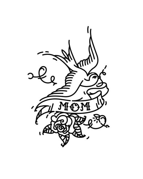 A tattoo of a bird with the inscription of Mom and a rosebud at the bottom. Vector illustration. Tattoo American old school. Bird Swallow with ribbon and flower. Contour version of the tattoo. Tattoo Bird, Sailor Jerry Tattoos, Swallow Tattoo, Ribbon Tattoos, Illustration Tattoo, Flower Tattoo Shoulder, Flower Tattoo Sleeve, Black And White Sketches, B Tattoo