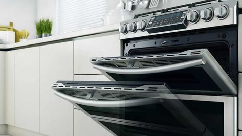 Double-oven ranges have their advantages and are worth considering when your old range dies or you’re remodeling the kitchen. Consumer Reports tells you why. Double Oven Electric Range, Electric Ovens, Double Oven Kitchen, Double Oven Range, Dual Oven, Kitchen Suite, Small Oven, Dual Fuel Ranges, Cherry Cabinets