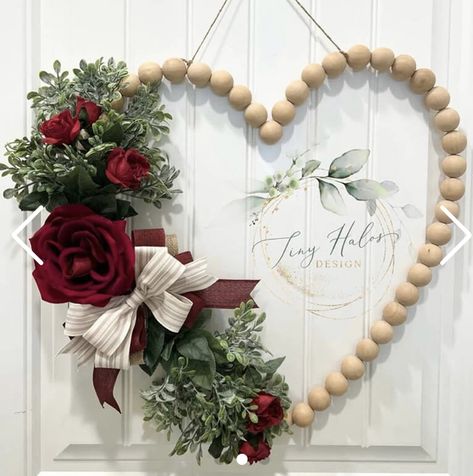 Heart Shaped Door Hanger, Valentine Decorations For Church, Beaded Heart Wreath, Valentines Wreath Ideas, Heart Shape Wreath, Bead Wreaths, Valentine's Home Decoration, Wood Bead Wreath, Hanging Wreaths