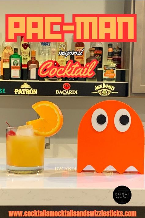 This image shows a yellow drink with orange wheel garnish that look like the video game character Pac Man with a cherry inside the glass and a ghost chasing the drink that look like the ghost from the popular video game Pac Man Pac Man Party, Retro Arcade Games, Themed Drinks, Time Games, Alcoholic Drink, Man Games, Man Food, Retro Arcade, Game Themes