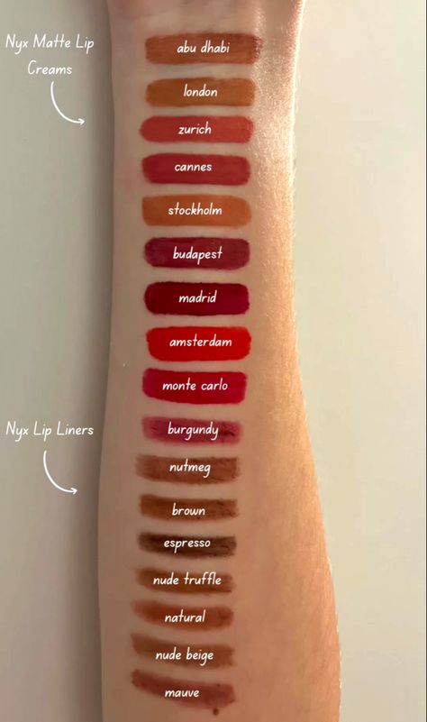 Nyx Lip Liner London, Nyx Nutmeg Lip Liner, Nyx Lipliner Swatch, Nyx Lip Oil Swatches, Nyx Lip Cream Swatches, Nyx Lipliners, Lipliner Shades, Nyx Monte Carlo, Nyx Lip Liner Swatches