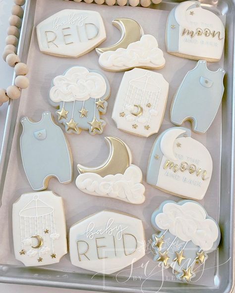 Moon Stars Baby Shower, Chelsea Baby, Moon Cookies, Cookies Theme, Moon Baby Shower, Moon Baby, Cookie Time, Baby Cookies, Boy Baby Shower Themes